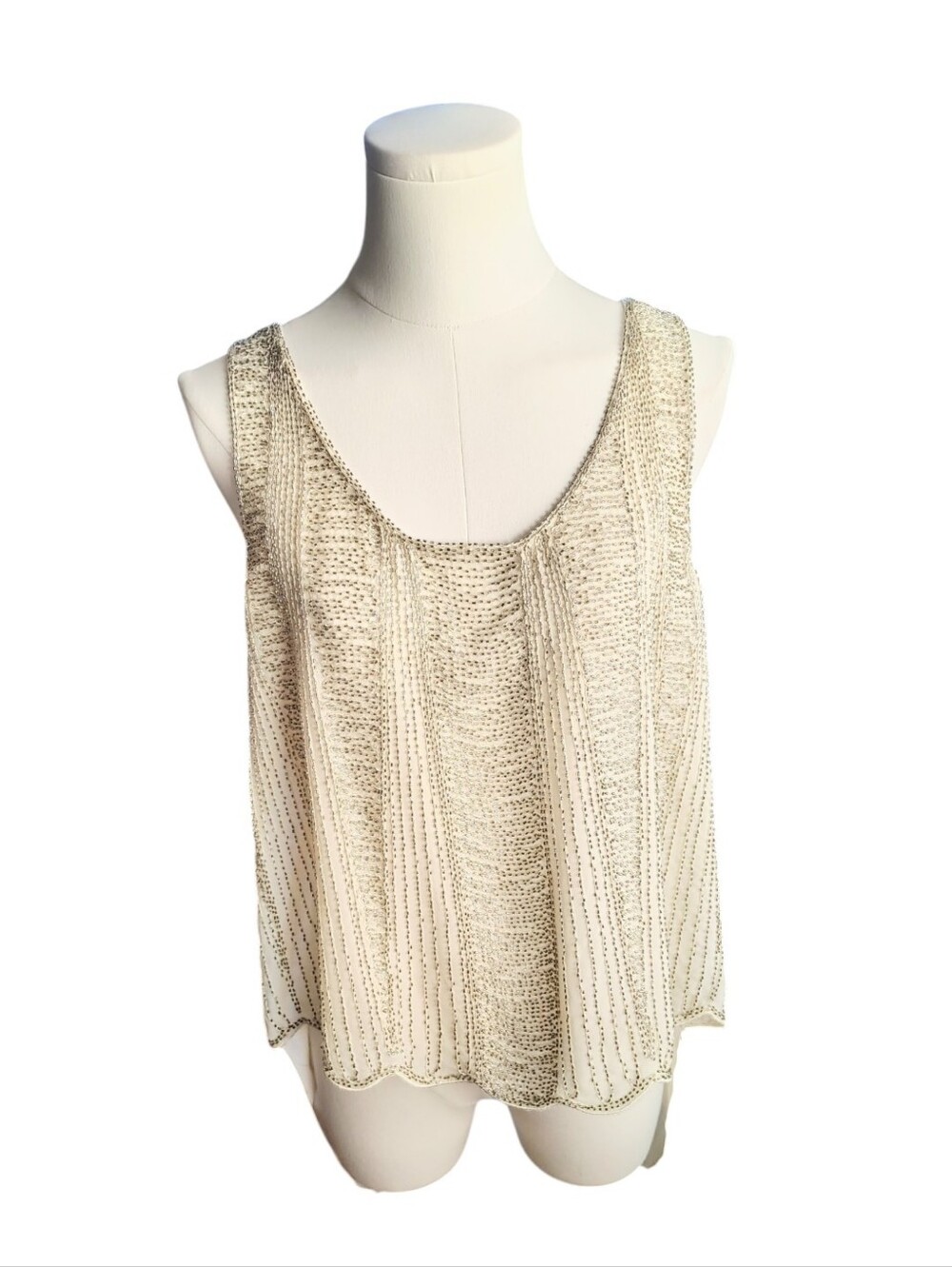 Beulah Fully Beaded Cream Silver High Low Sheer Cocktail Tank Top Size Large